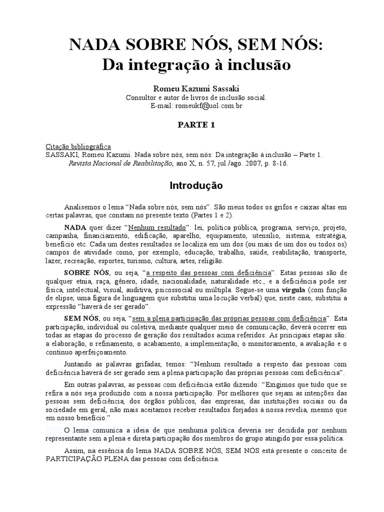 Parte 1 Nada Sobre Nos Sem Nos PDF Deficiência Apartheid