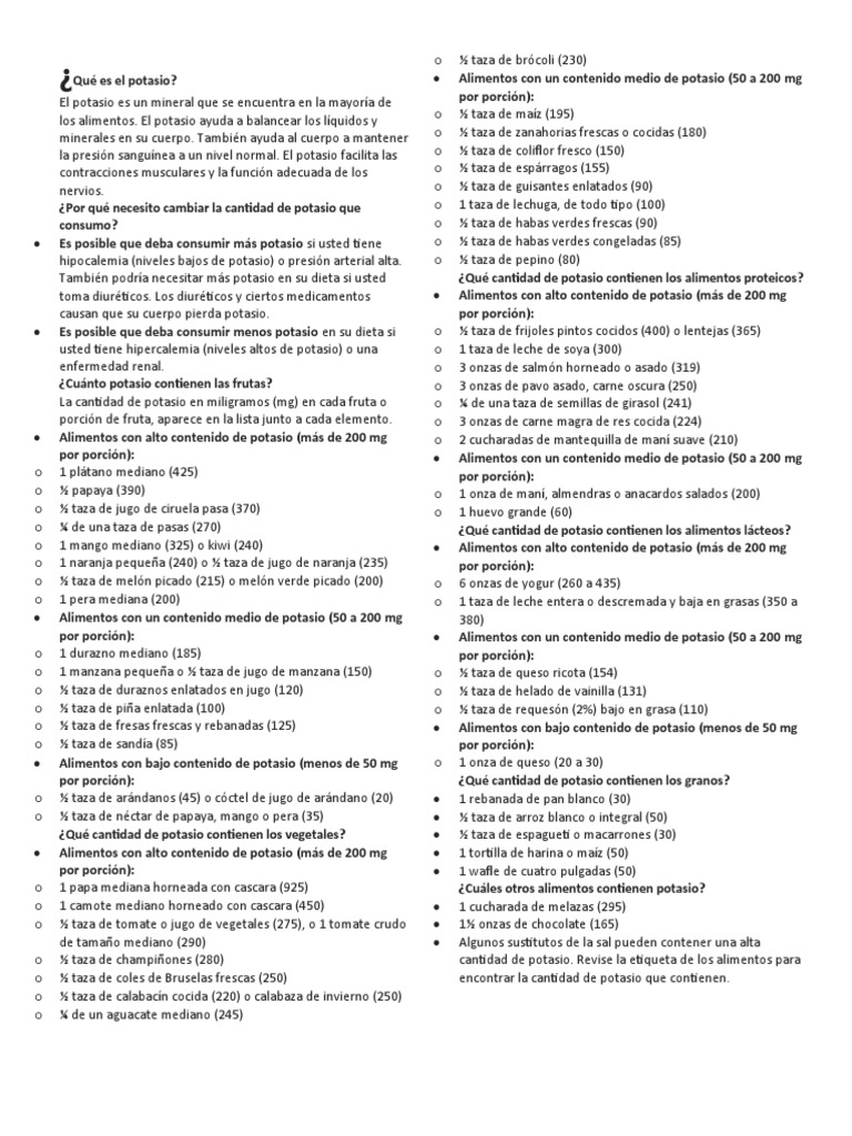Guía de Potasio en Alimentos | PDF | Dieta y nutrición | Química
