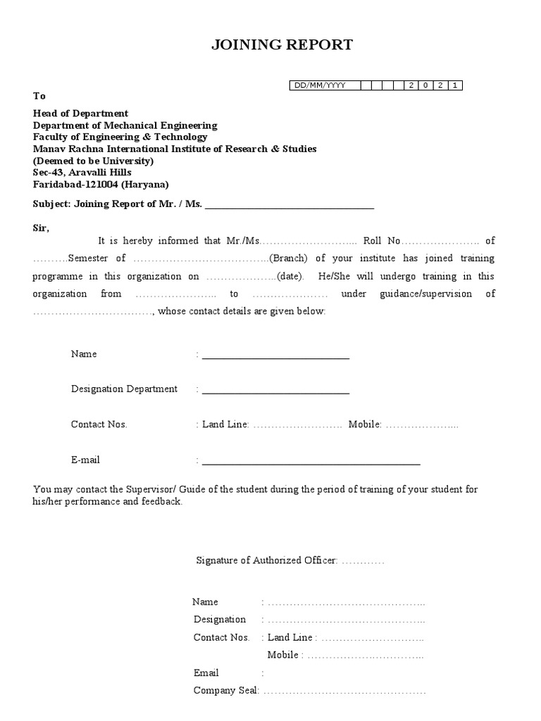 Joining Report for Training Program | PDF