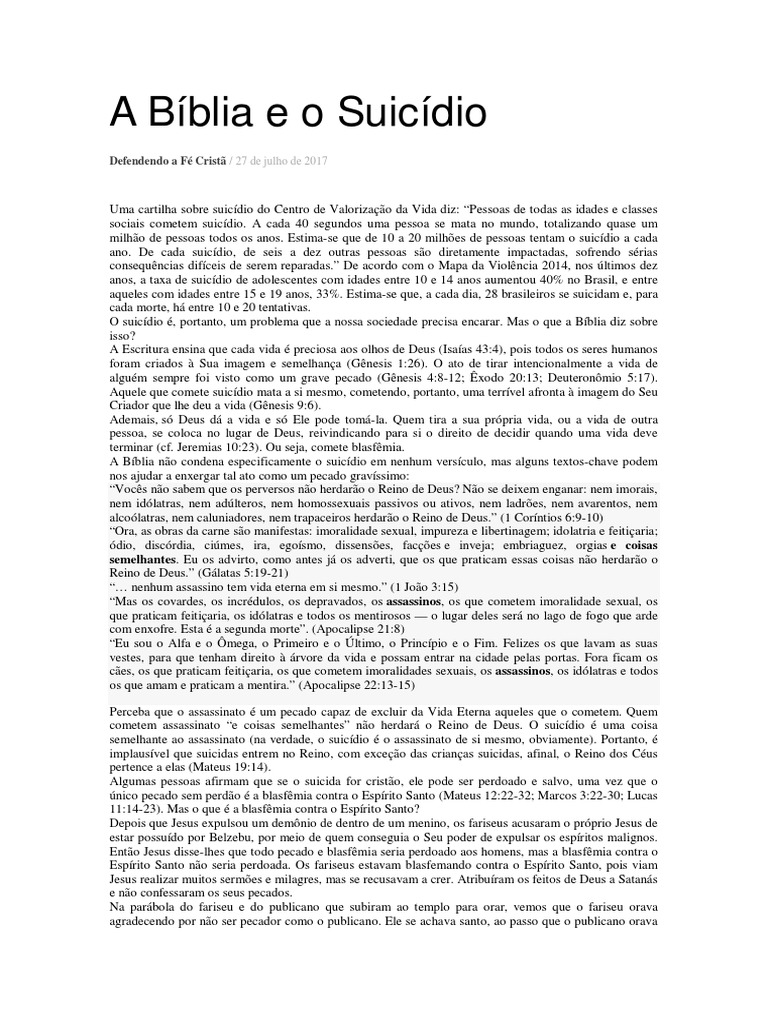 A Bíblia e o Suicídio | Download grátis PDF | Pecado | Suicídio