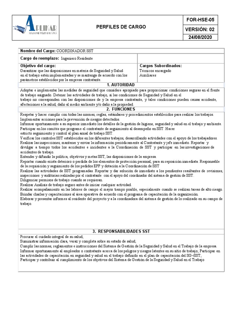 Perfiles de Cargo Inspector Sst.. | PDF | Business | Valores
