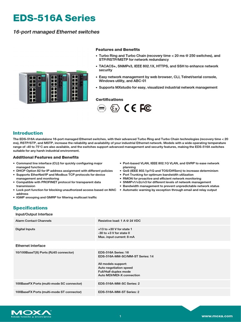 EDS-516A Series: 16-Port Managed Ethernet Switches | PDF