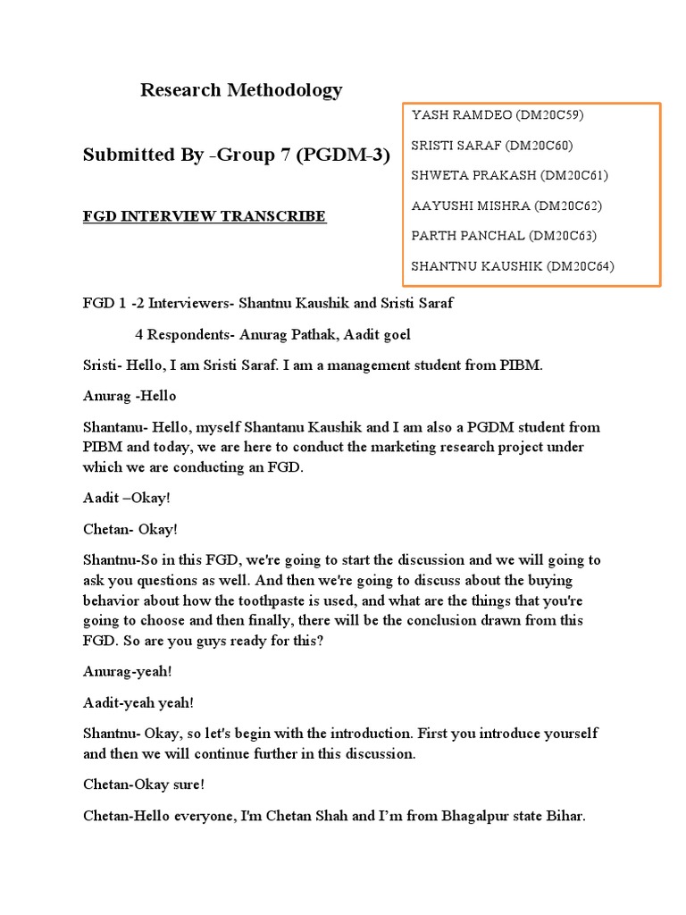 FGD 1 Toothpaste Research Methodology PDF Marketing