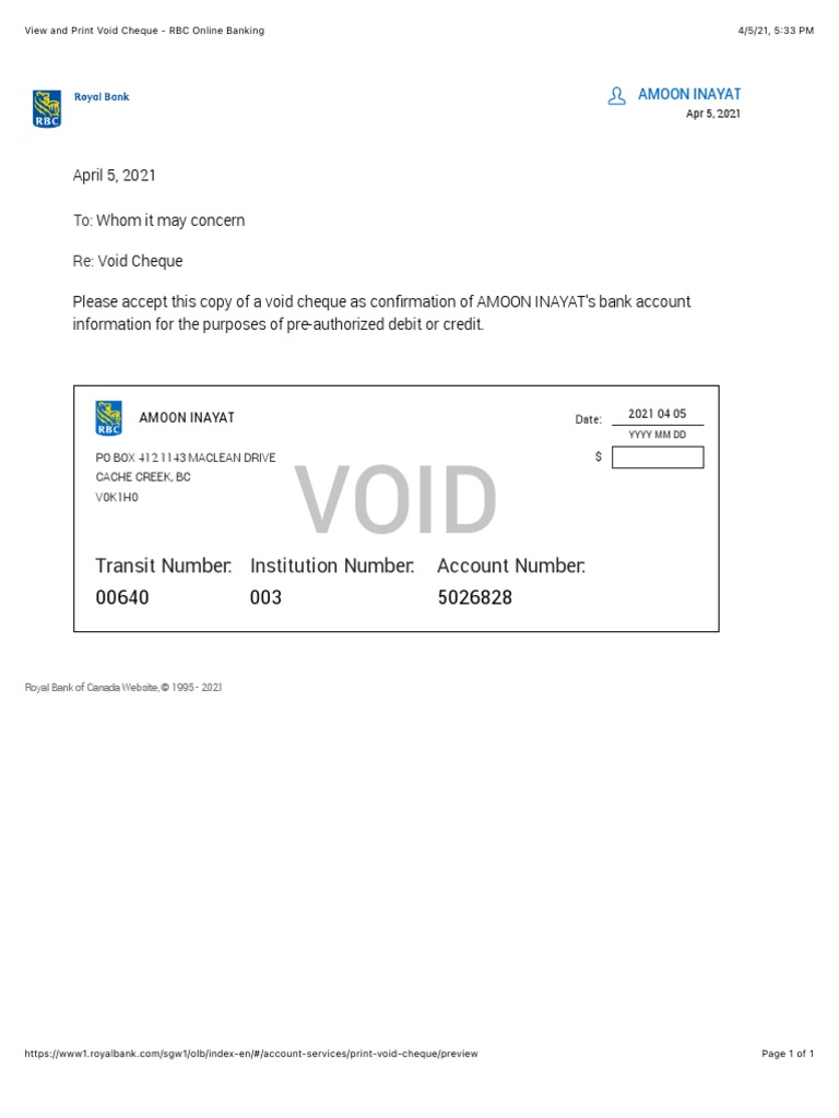 View and Print Void Cheque RBC Online Banking PDF