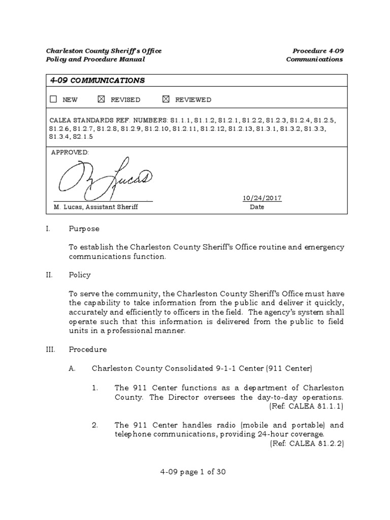 4-09 Communications: Charleston County Sheriff's Office Procedure 4-09 ...