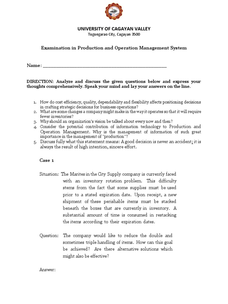 Examination in Production and Operation Management System | PDF ...