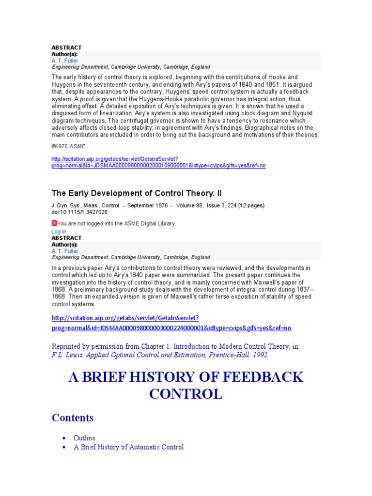 A Brief History of Feedback Control PDF Control Theory Kalman Filter