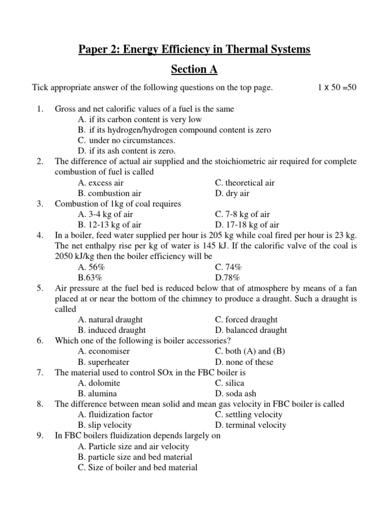 Energy Efficiency in Thermal Systems Quiz | PDF | Cogeneration | Boiler