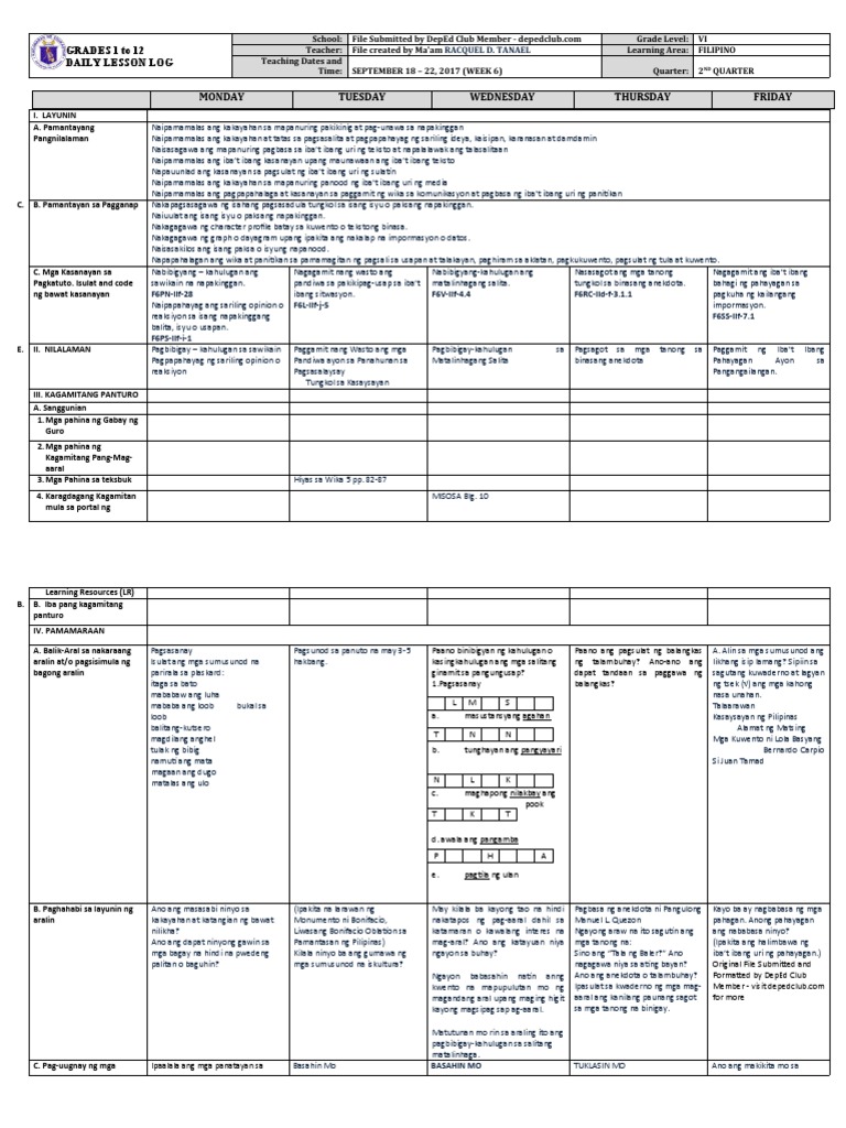 DLL Filipino 6 q2 w6 | PDF