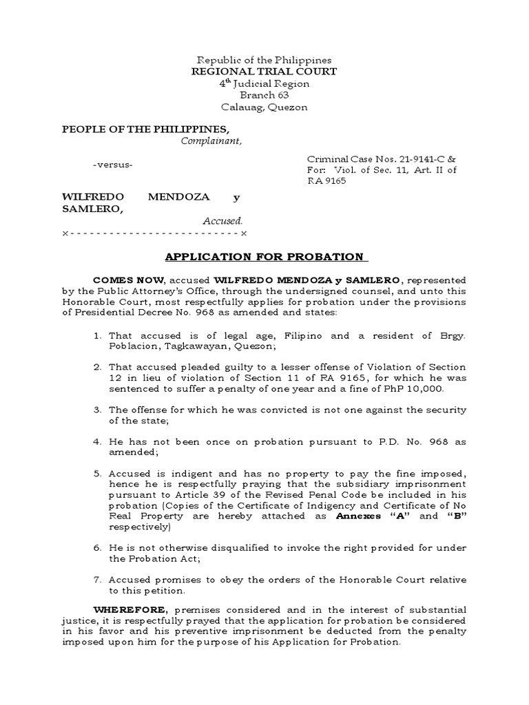 Probation Application for Wilfredo Mendoza | PDF | Probation | Fine ...