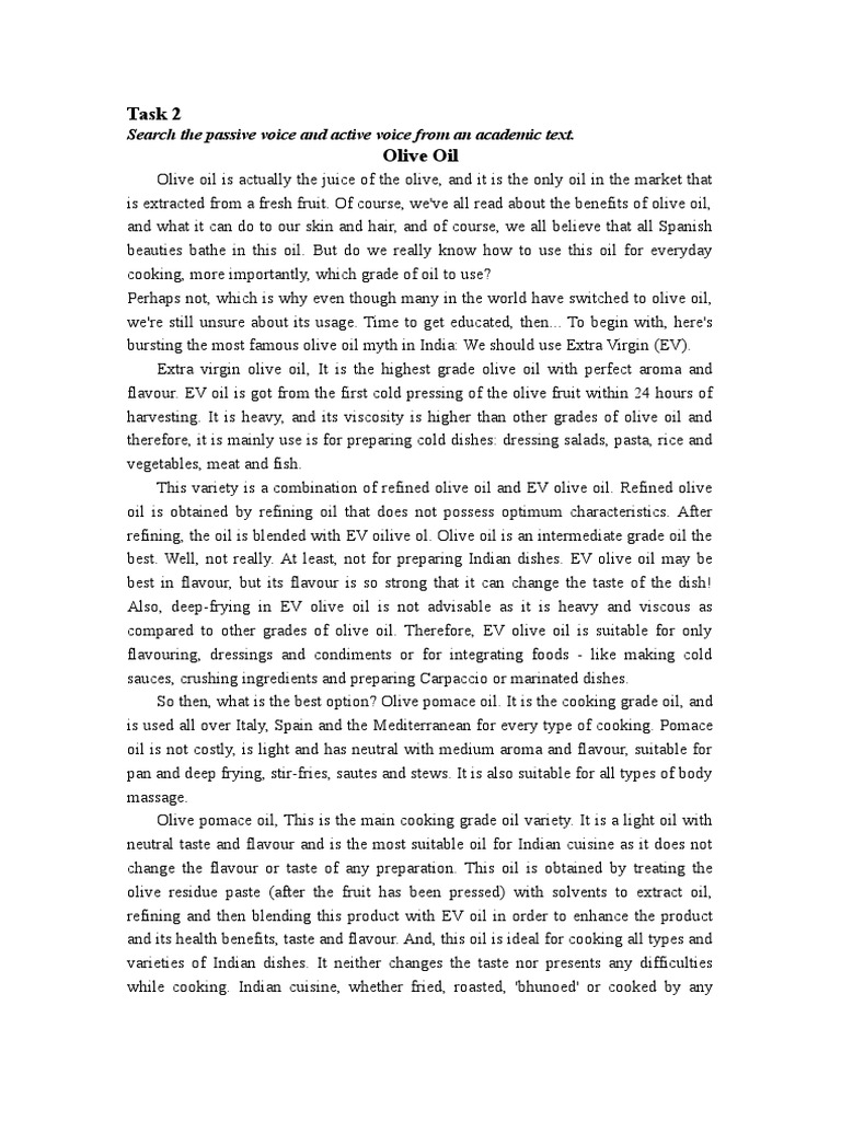 Task 2 Olive Oil Search The Passive Voice and Active Voice From An Academic Text PDF Olive