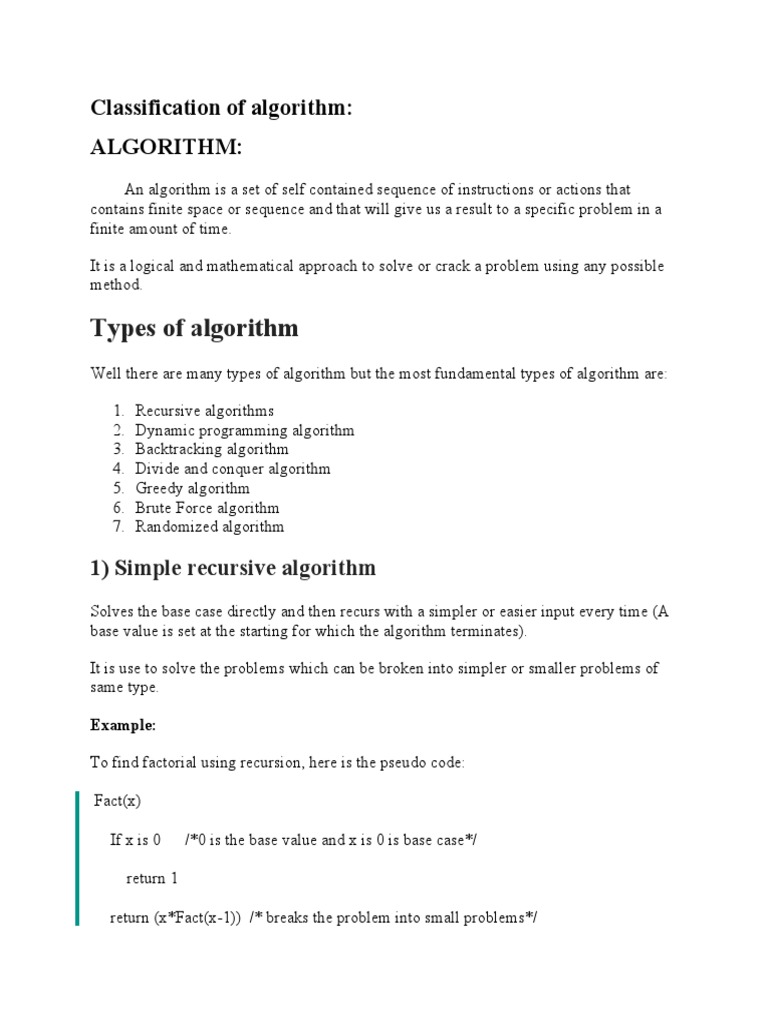 Classification of Algorithm | PDF | Dynamic Programming | Recursion