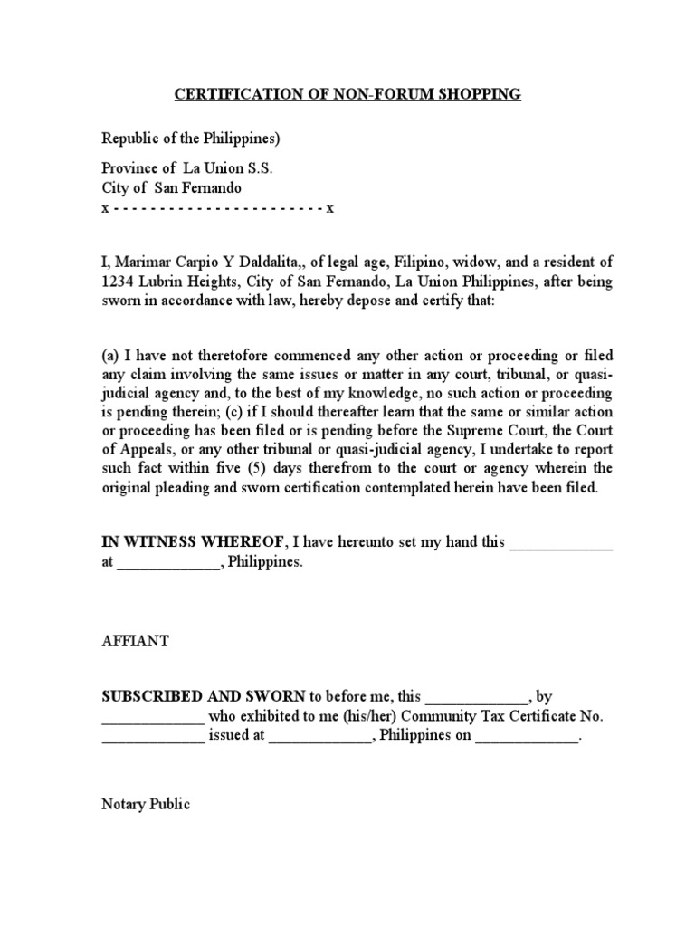 Certification of NonForum Shopping PDF