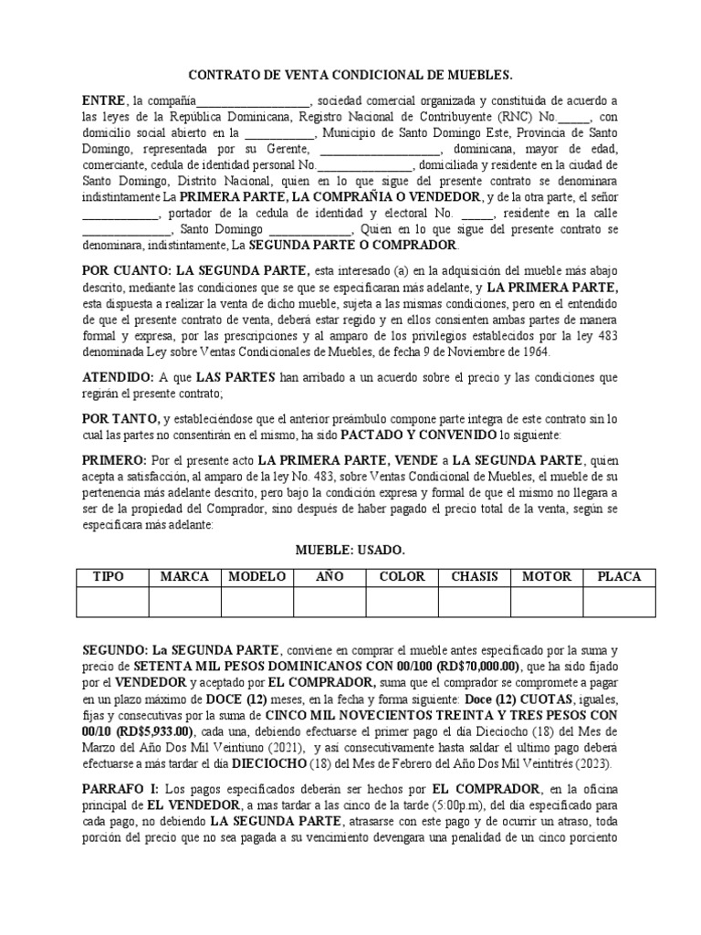 Contrato de Venta Condicional de Muebles PDF Póliza de seguros Pagos