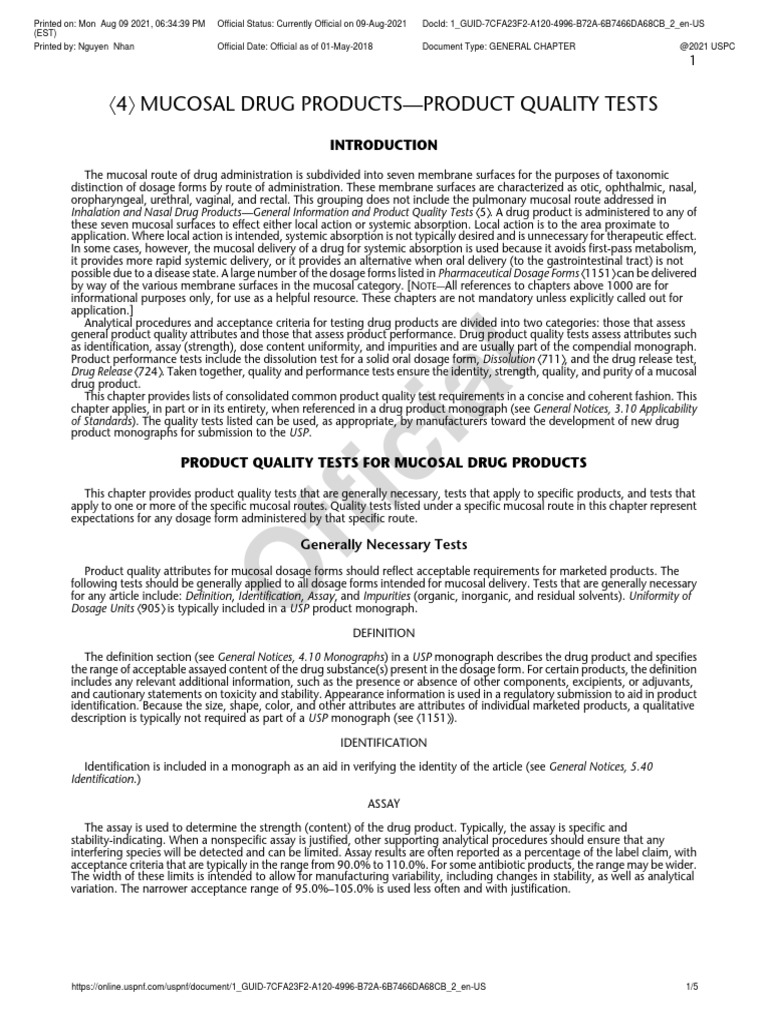 Mucosal Drug Products Quality Tests | PDF | Topical Medication | Chemistry