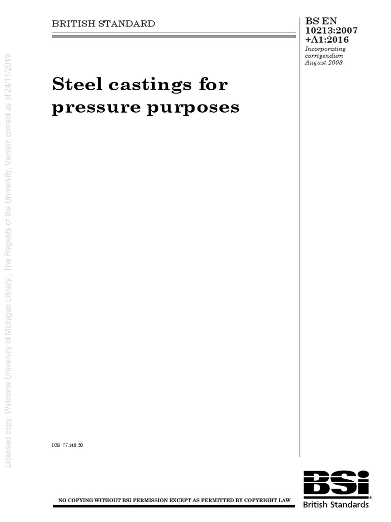 Steel Castings For Pressure Purposes British Standard Bs en 102132007