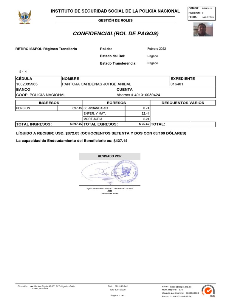 Rol de Pago ISSPOL Febrero 2022 | PDF