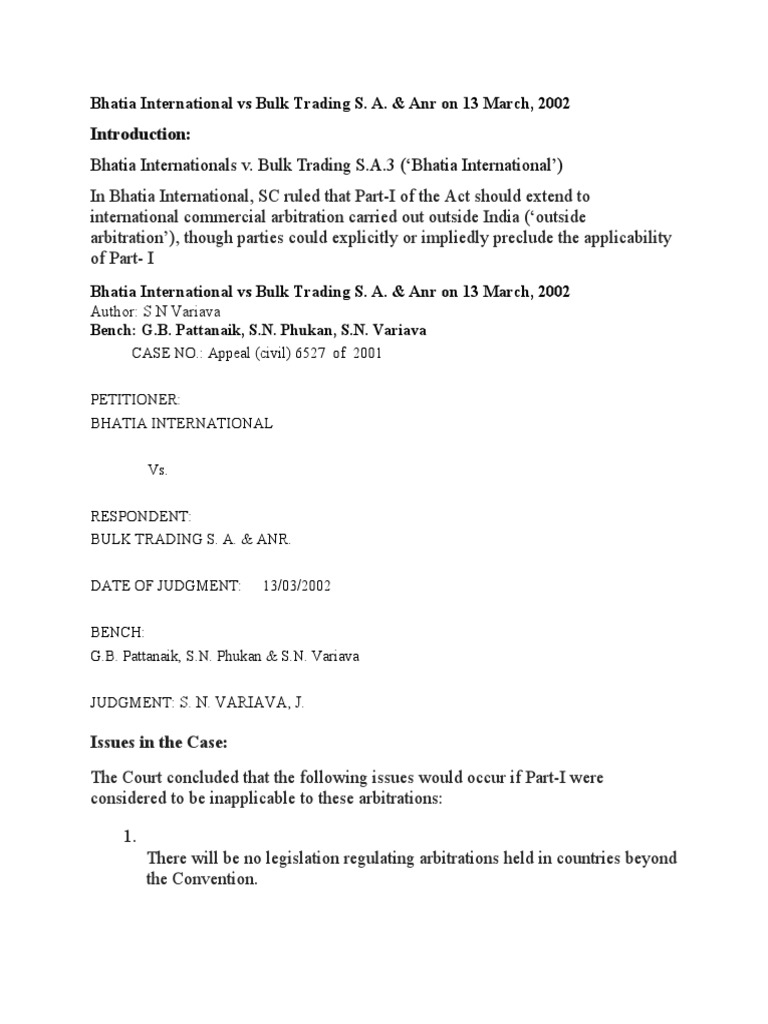 Bhatia International Vs Bulk Trading S PDF Arbitration Common Law