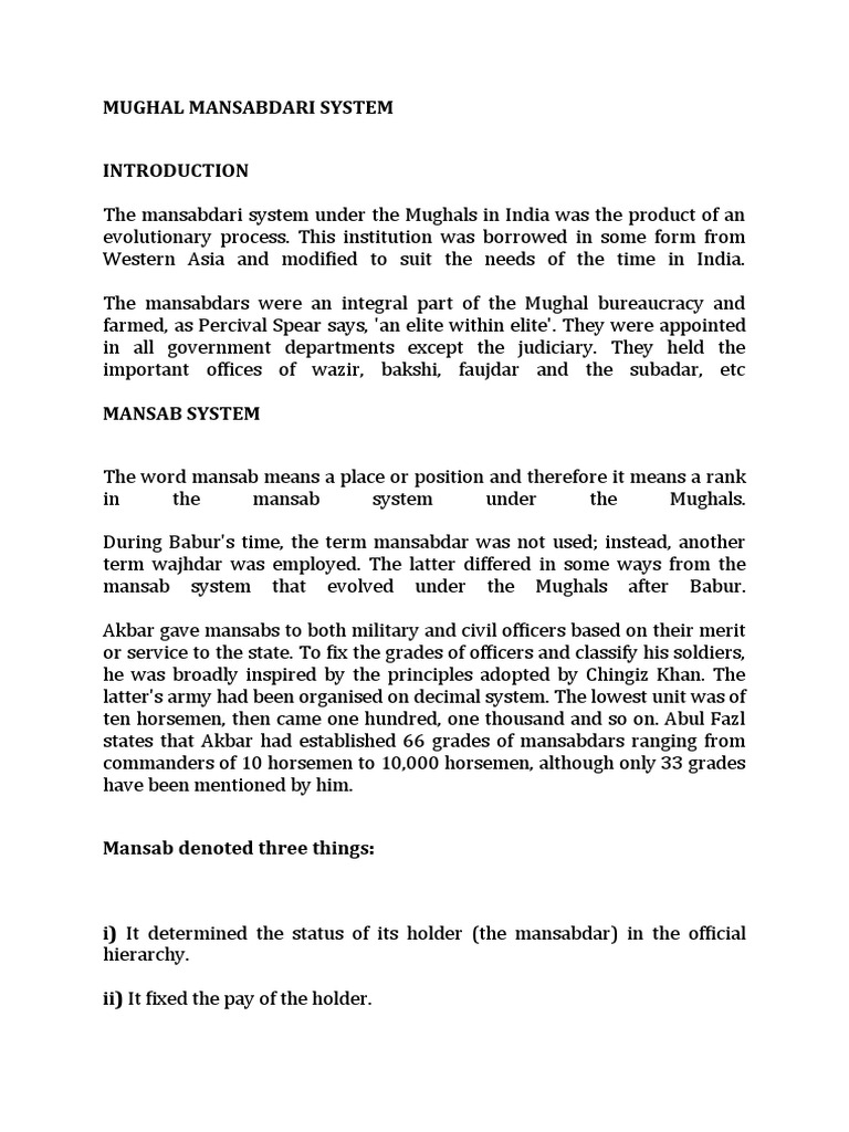 Overview of the Mansabdari System | PDF | Mughal Empire