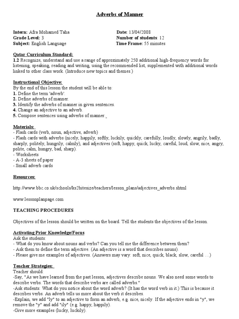Worksheet Adverbs Grade 2 adverbs of manner lesson plan adverb