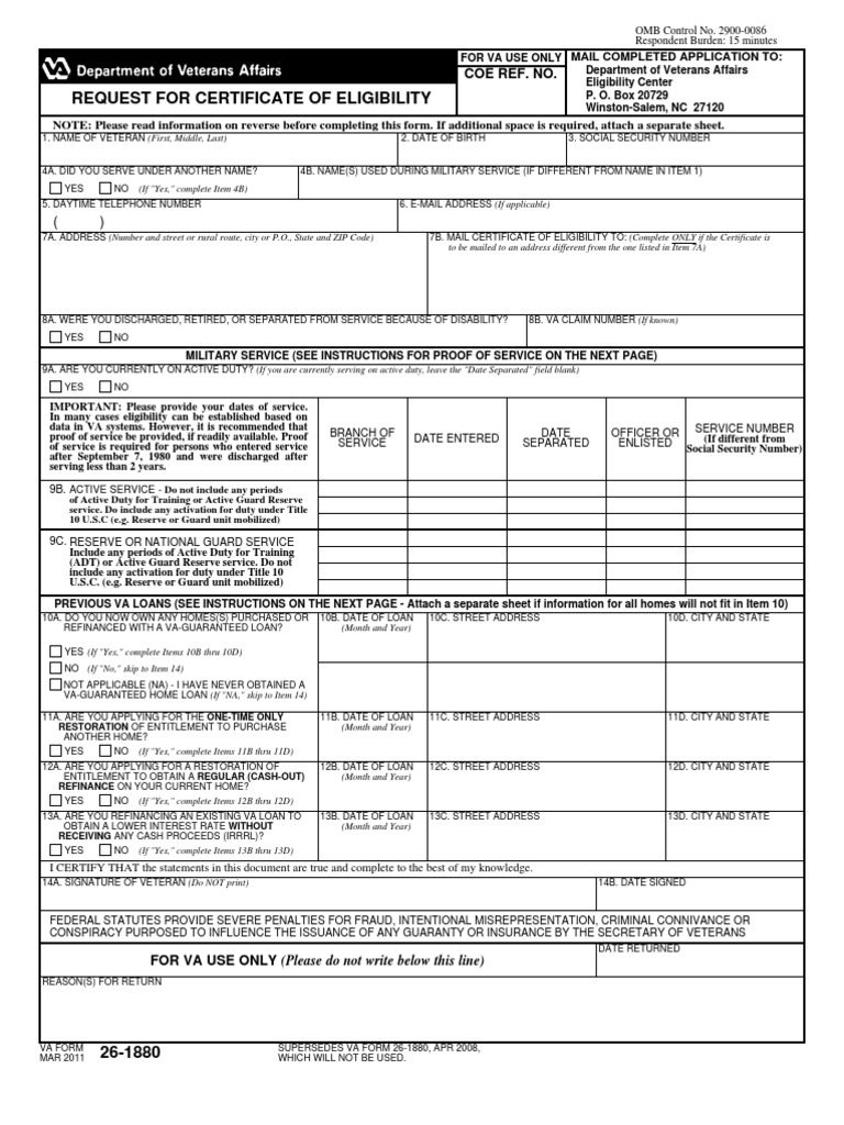 VA Form 26-1880 Eligibility Request | PDF | Refinancing | Military ...