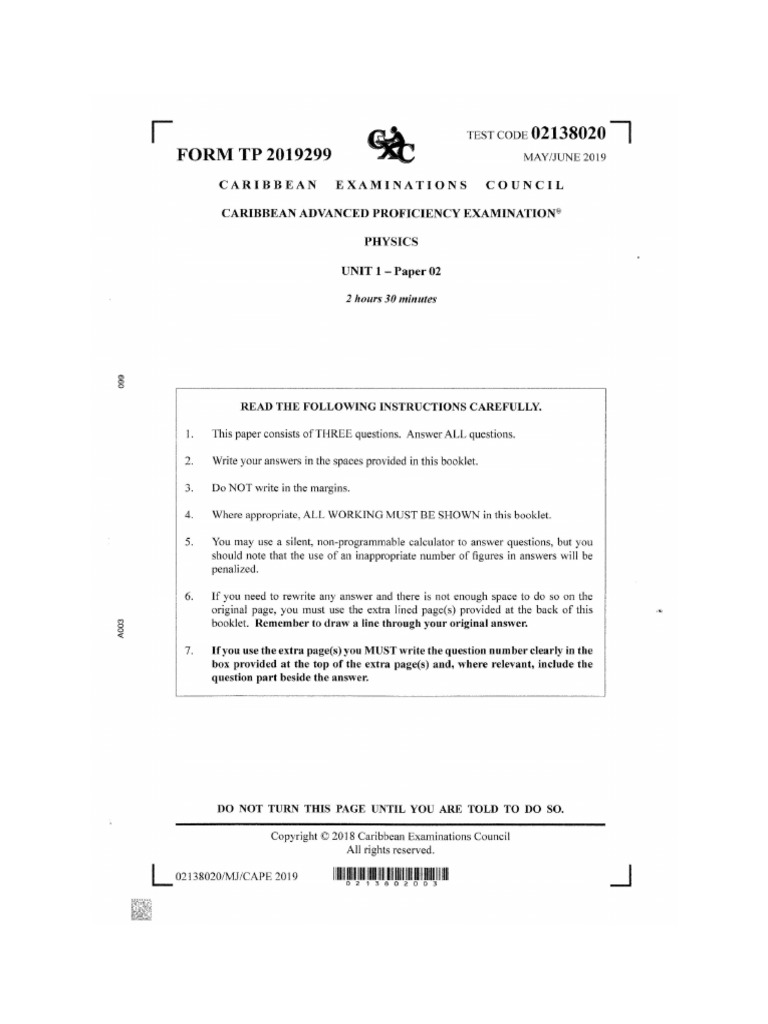 CAPE Physics Unit 1 Paper 2 2019 | PDF