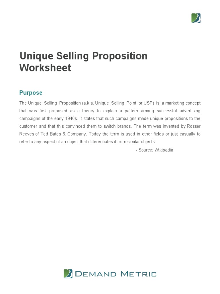 Unique Selling Proposition Worksheet | PDF