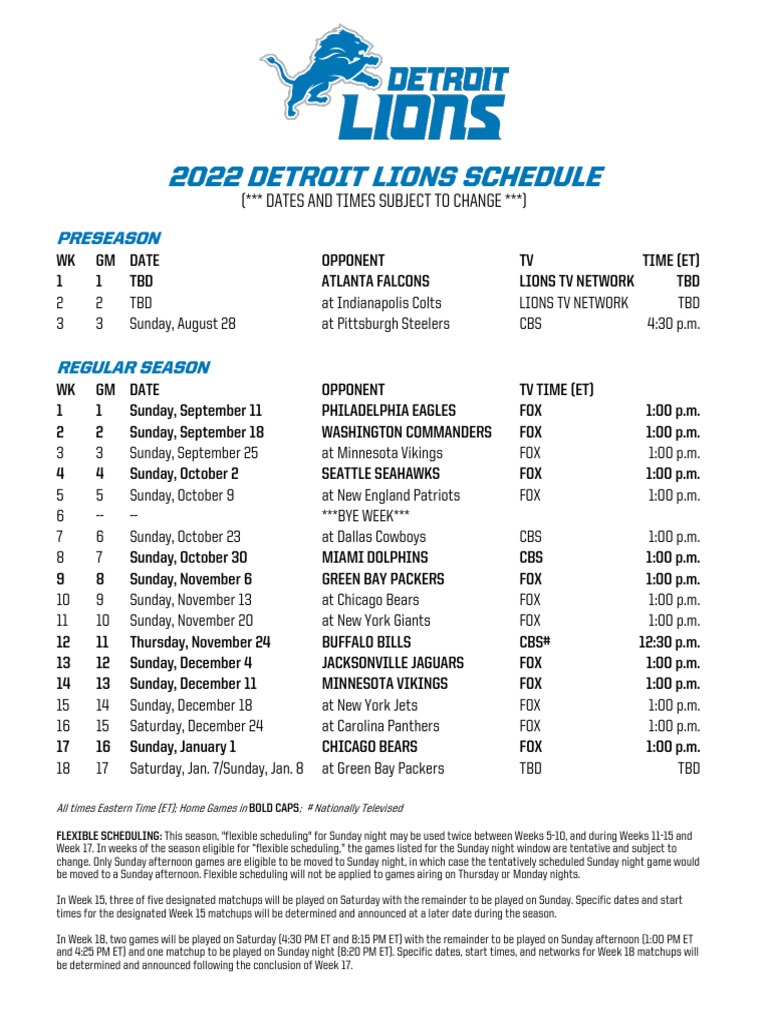 2022 Detroit Lions Schedule, PDF, Sports