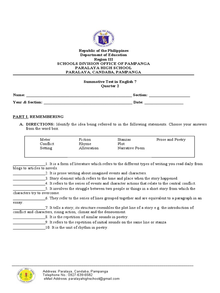 English 7 Quarter 2 Summative Test | PDF | Poetry