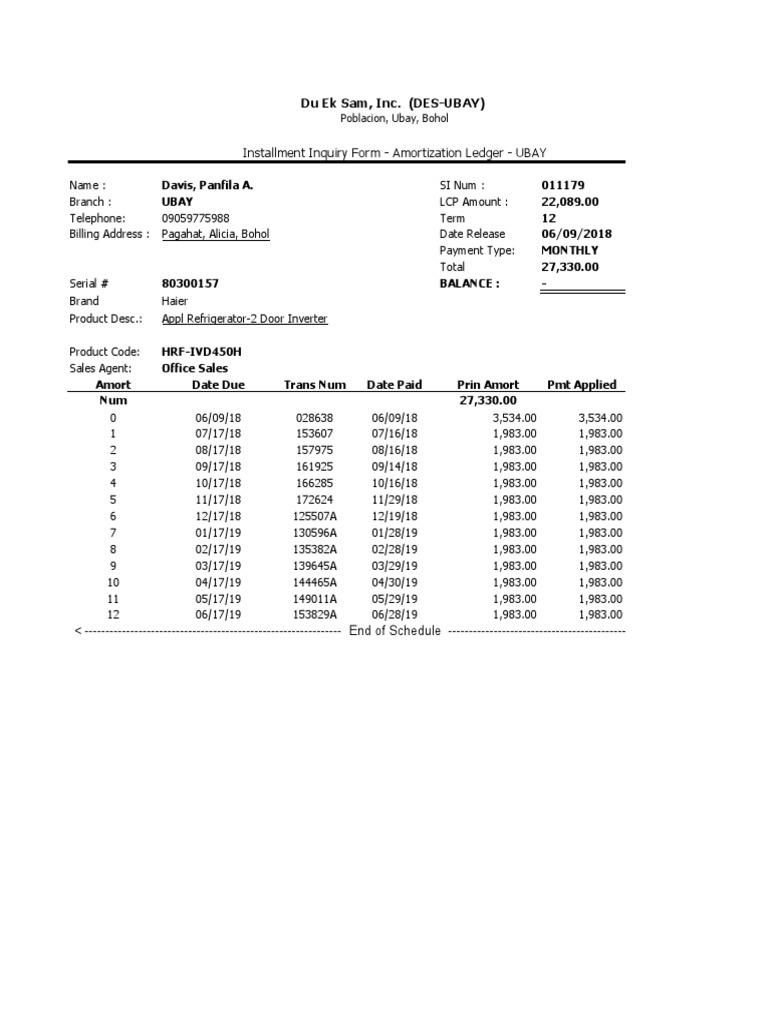 Installment Inquiry Form Amortization Ledger UBAY Du Ek Sam, Inc
