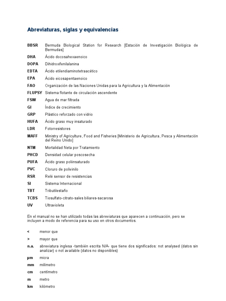 Abreviaturas Siglas y Equivalencias Pie (unidad) Tonelada