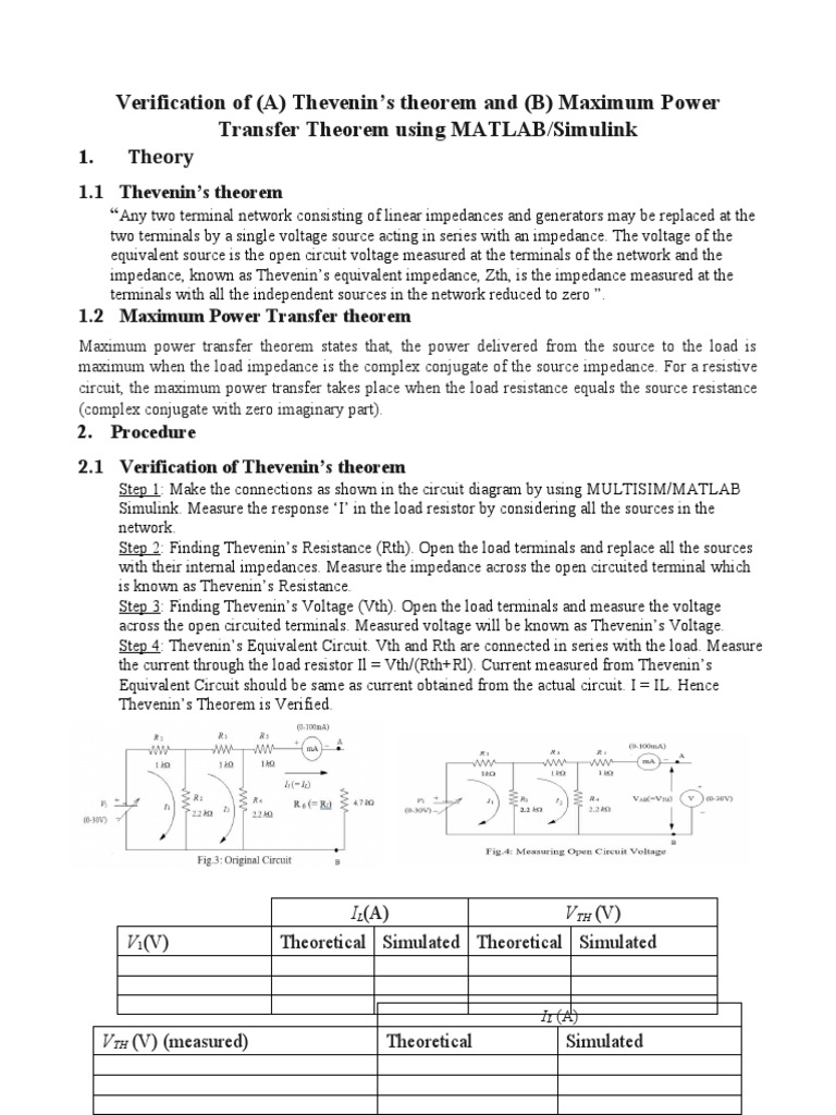 Verification of (A) Thevenin's Theorem and (B) Maximum Power Transfer ...