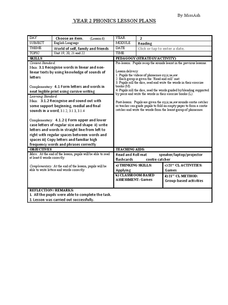 Year 2 Phonics Lesson Plans: Skills Pedagogy (Strategy/Activity) | PDF ...