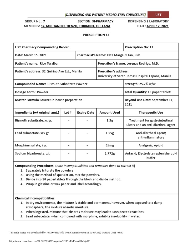 UST Pharmacy Compounding Records | PDF | Medical Prescription | Pharmacy