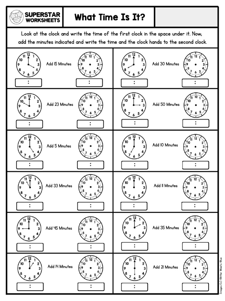 Telling Time Adding Minutes Worksheet PDF