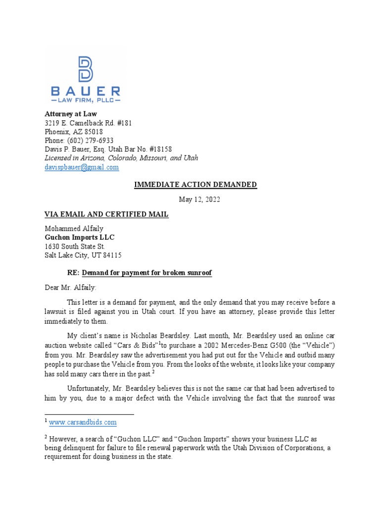 Demand Letter Deceptive Trade Practices Utah Matter PDF False