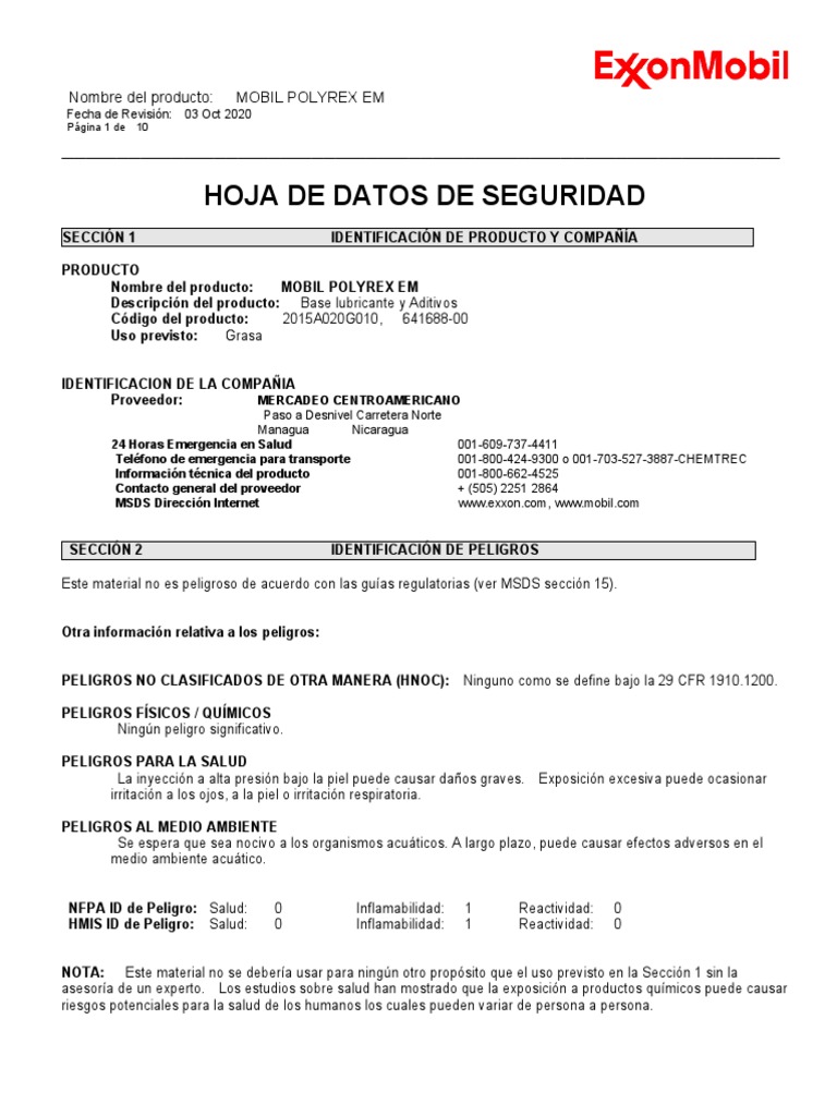 MSDS Mobil Polyrex em | PDF | Agua | Guante