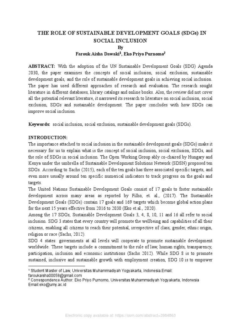 The Role of Sustainable Development Goals (SDGS) in Social Inclusion ...