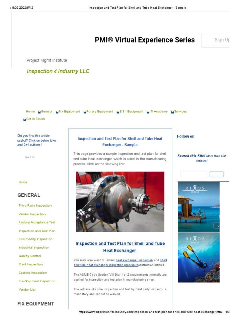 Inspection and Test Plan For Shell and Tube Heat Exchanger Sample01