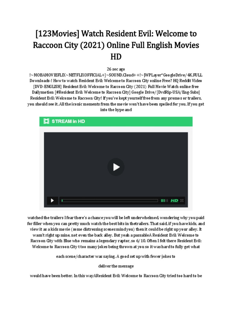 (123movies) Watch Resident Evil: Welcome To Raccoon City (2021) Online