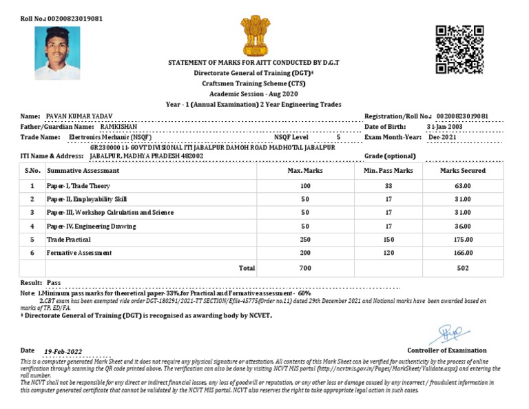 ITI Mark Sheet for Electronics Mechanic | PDF