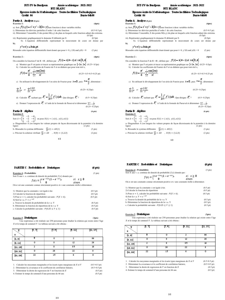 Sujet BTS Maths 2022 Corrigé | PDF | Fonction (Mathématiques ...