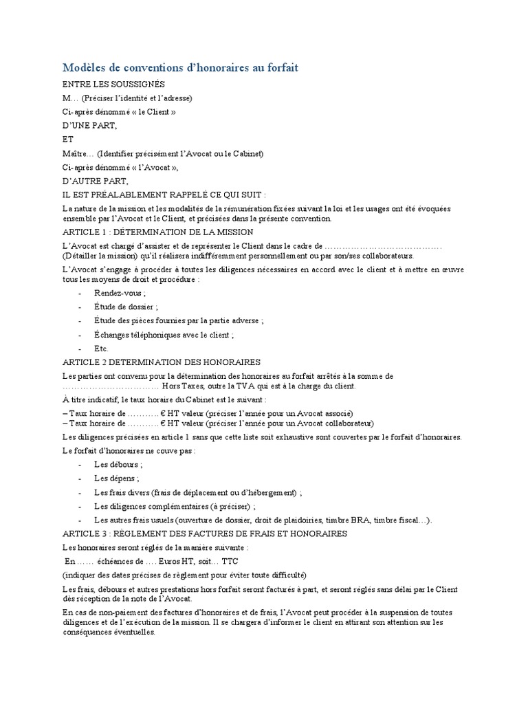 Mod les De Conventions D honoraires Forfaitaires PDF Avocat Taxe 
