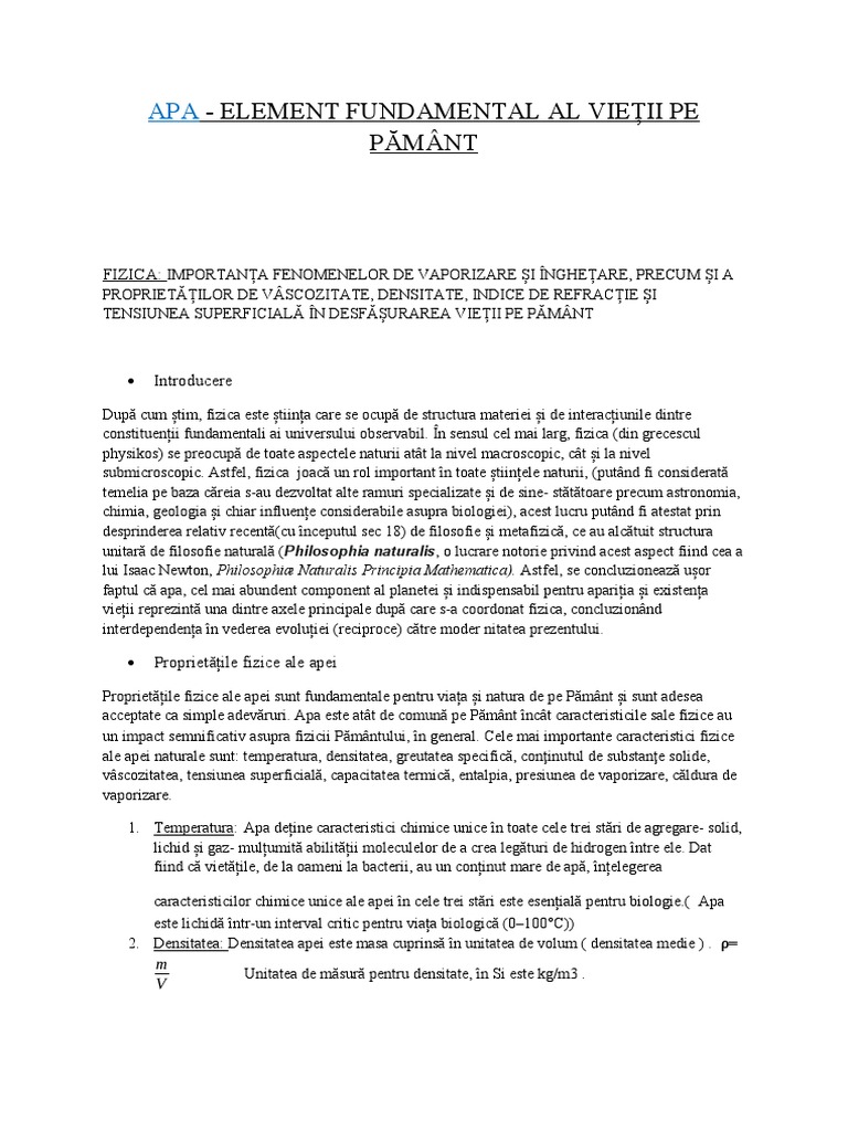 Fizica-Apa (Proiect Liceu) | PDF