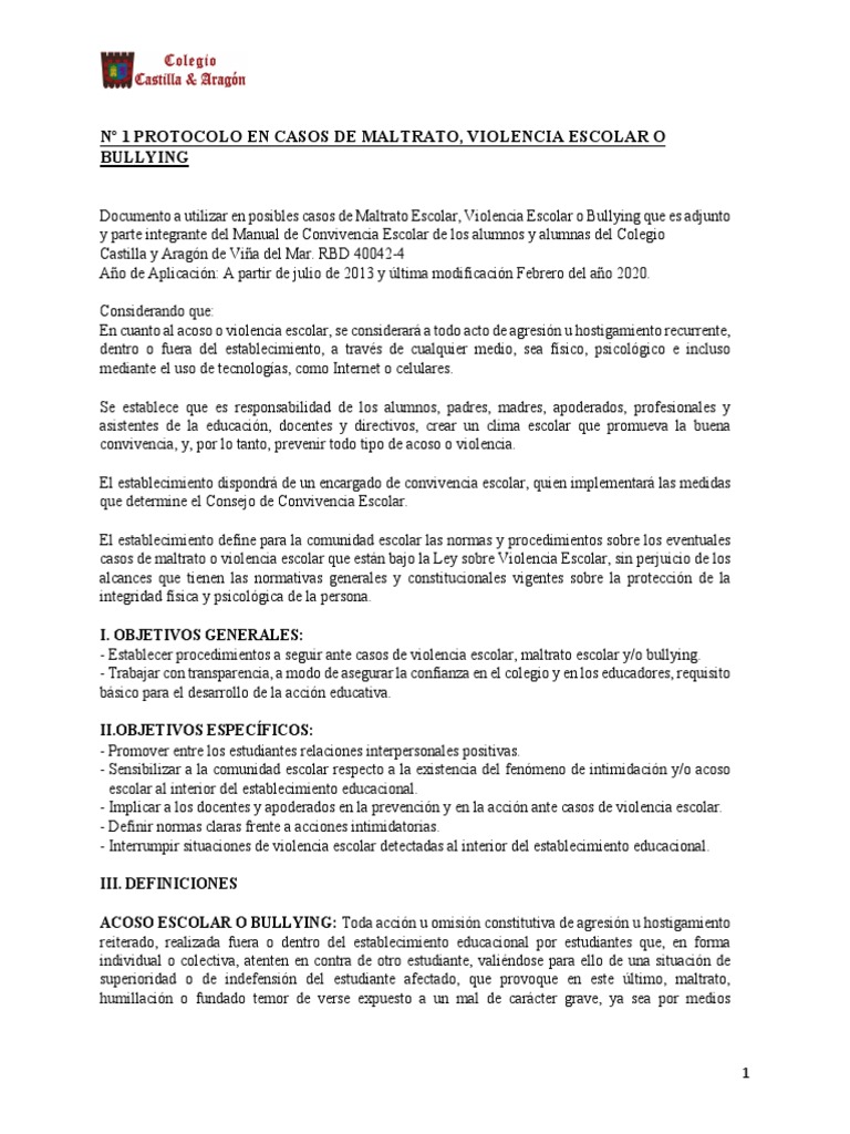 Protocolo contra la Violencia Escolar | PDF | Violencia | Abuso infantil