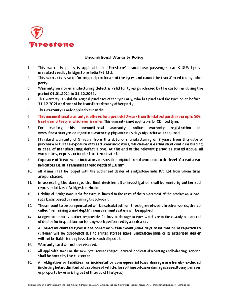 Firestone Warranty Policy PDF Tire Vehicles