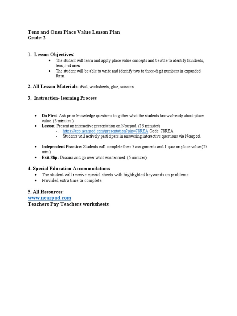 Tens and Ones Place Value Lesson Plan | PDF | Career & Growth | Art