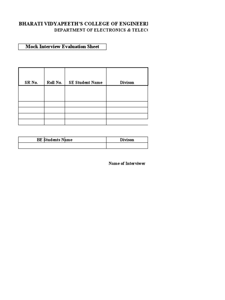 Mock Interview Evaluation Sheet - BVCOEW | PDF