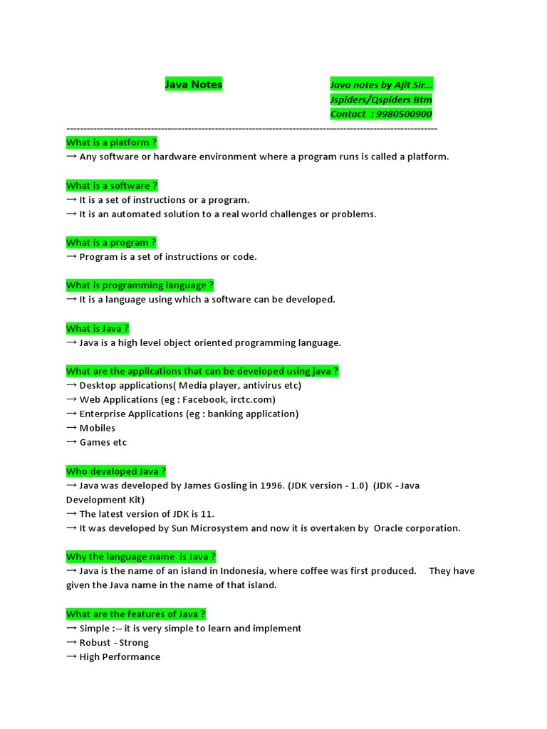 Java Notes: Java Notes by Ajit Sir... Jspiders/Qspiders BTM Contact ...