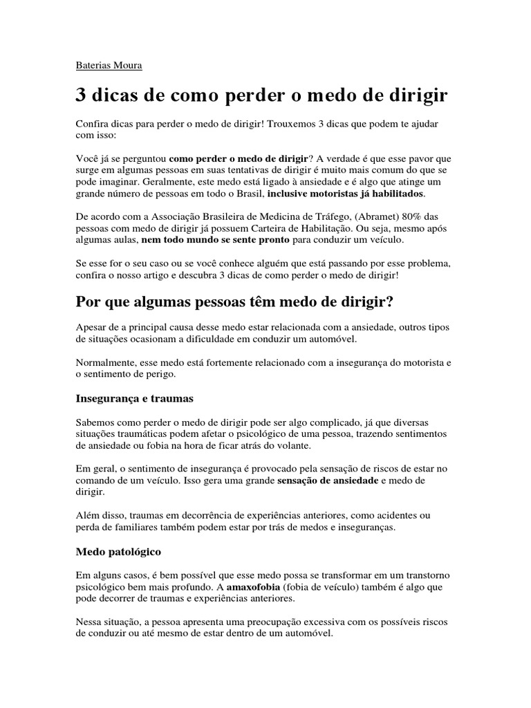 3 Dicas para Vencer o Medo de Dirigir | PDF | Ansiedade | Trauma ...